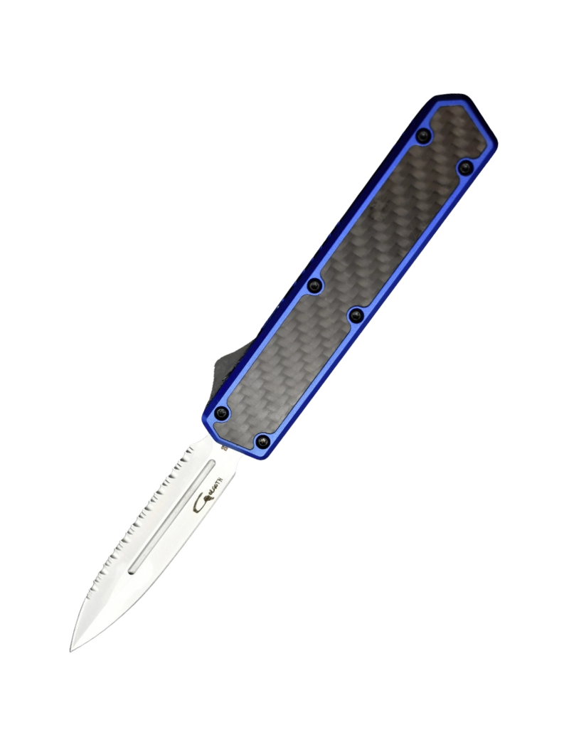 Golgoth G11BS4 Bleu. Couteau OTF lame double tranchant avec serrations