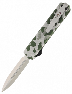 Golgoth OTF Automatic Knife, D2 Double-Edged Blade, Serrations, Green