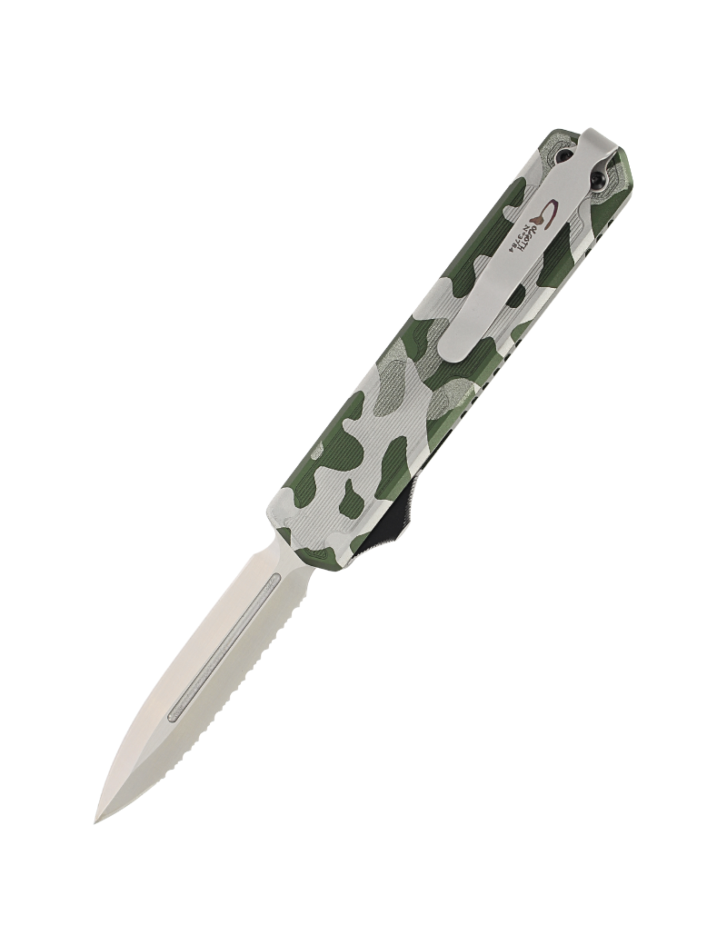 Golgoth OTF Automatic Knife, D2 Double-Edged Blade, Serrations, Green